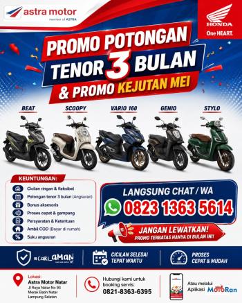 Manjakan Konsumen di Bulan Mei, Astra Motor Natar Hadirkan Promo Kejutan Potongan Tenor 3 Bulan
